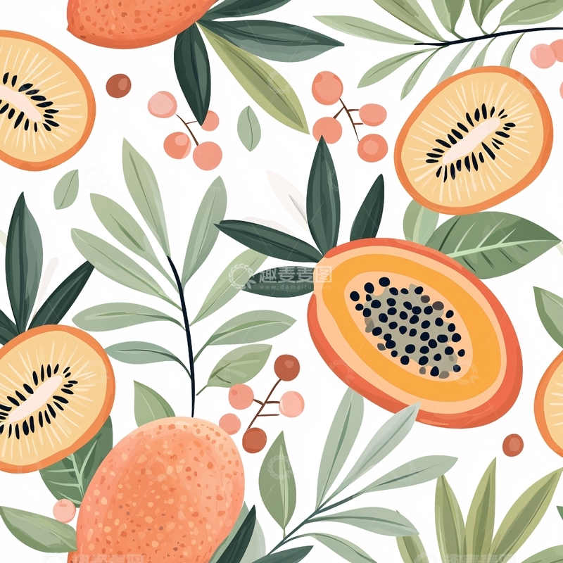 高清大图下载【趣麦麦图】热带水果与绿叶图案背景