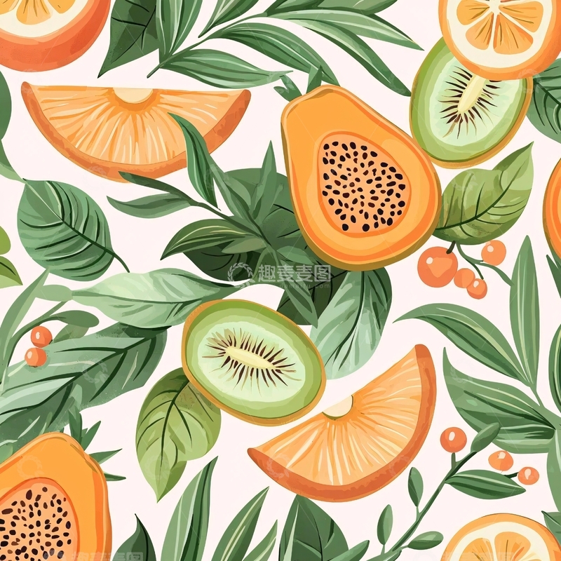 高清大图下载【趣麦麦图】热带水果与绿叶图案背景