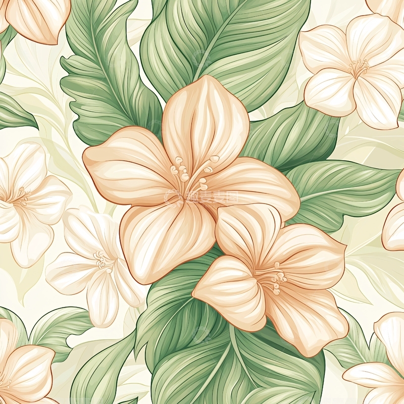 高清大图下载【趣麦麦图】热带花卉绿色叶子背景图案