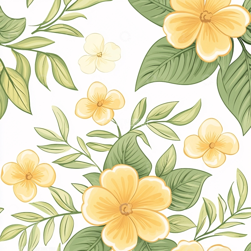 高清大图下载【趣麦麦图】黄色花朵与绿叶无缝图案背景