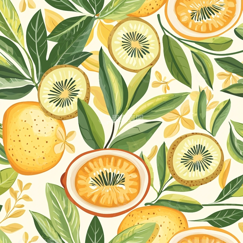高清大图下载【趣麦麦图】热带水果与绿叶图案背景