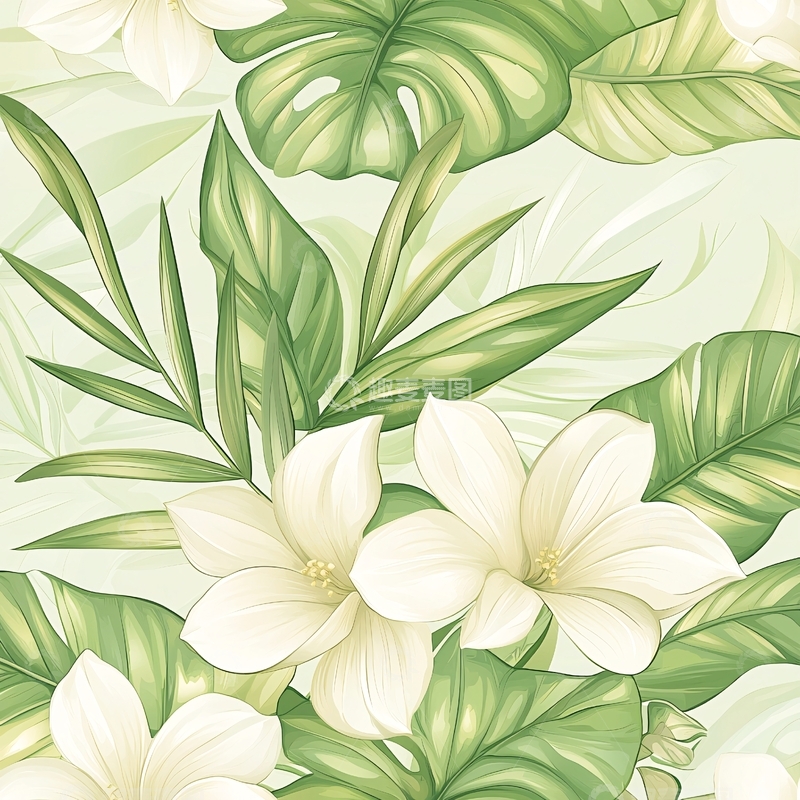 高清大图下载【趣麦麦图】热带花卉绿色背景图案素材