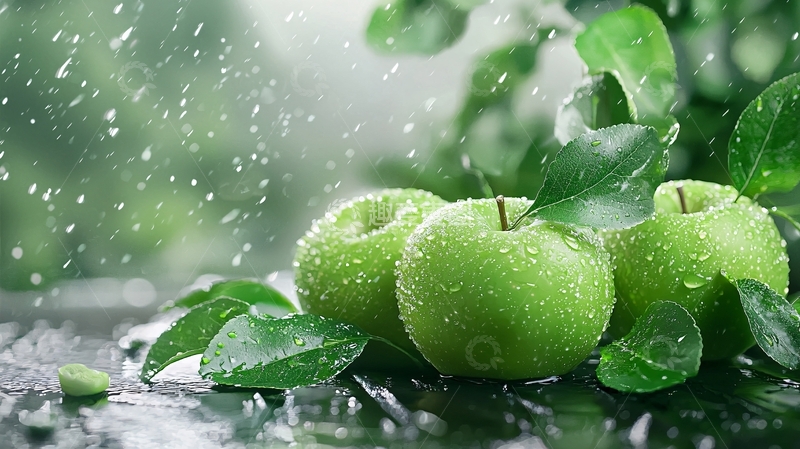 高清大图下载【趣麦麦图】雨中青苹果与绿叶