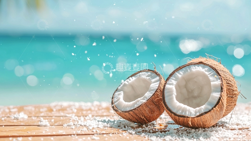高清大图下载【趣麦麦图】海滩上的椰子切开的特写