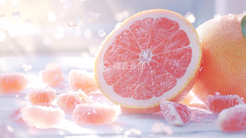 高清大图下载【趣麦麦图】粉色柚子切片与果肉散落