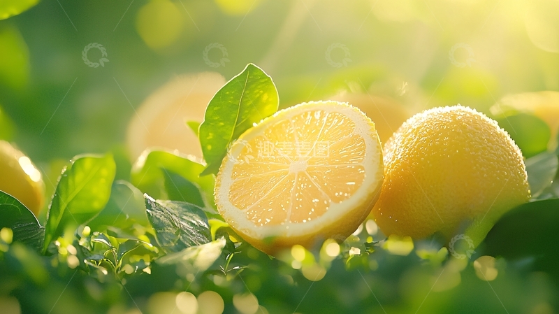 高清大图下载【趣麦麦图】阳光下的柠檬与绿叶