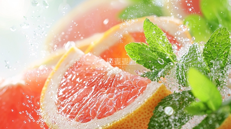 高清大图下载【趣麦麦图】清新柚子与薄荷的水滴效果