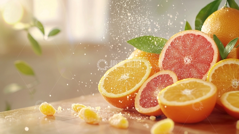 高清大图下载【趣麦麦图】新鲜橙子切片与果汁飞溅