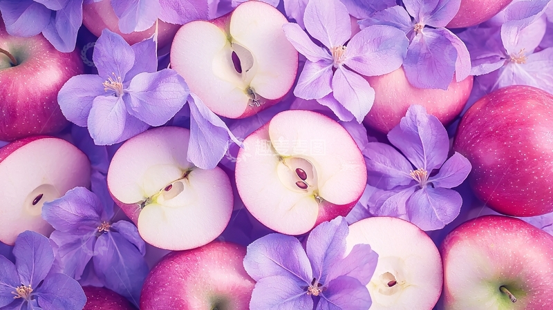 高清大图下载【趣麦麦图】紫色花朵与苹果的创意排列