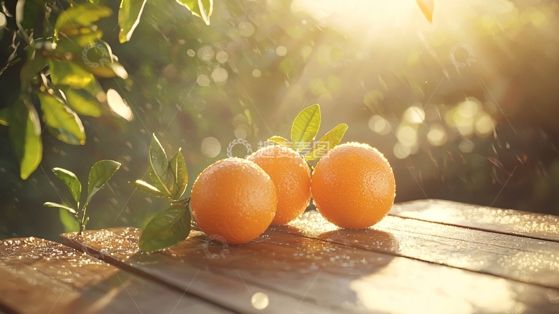 高清大图下载【趣麦麦图】阳光下的橘子与绿叶