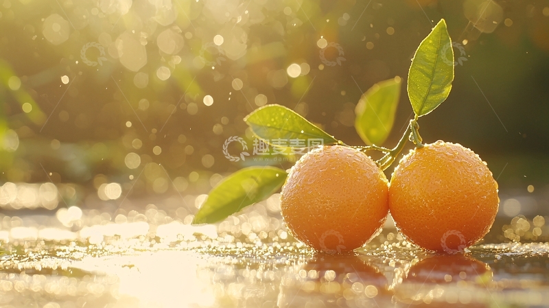 高清大图下载【趣麦麦图】阳光下的橘子与绿叶