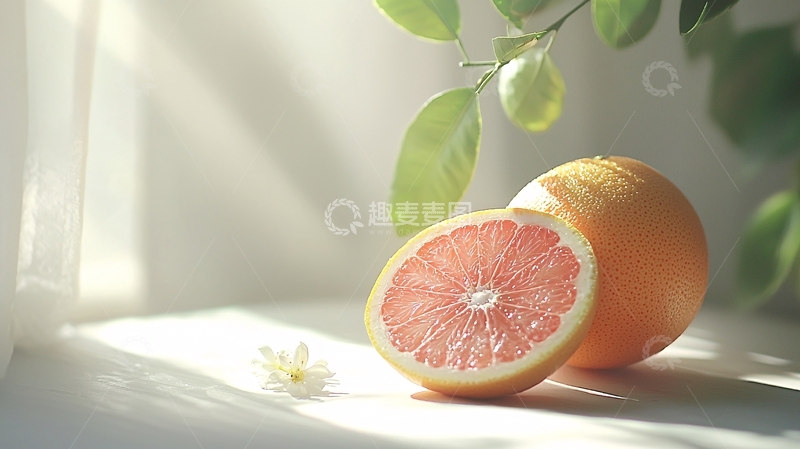 高清大图下载【趣麦麦图】阳光下的柚子与花朵