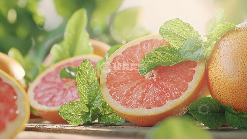 高清大图下载【趣麦麦图】新鲜柚子切片搭配薄荷叶