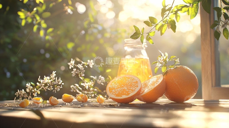 高清大图下载【趣麦麦图】阳光下的橙子与花瓶