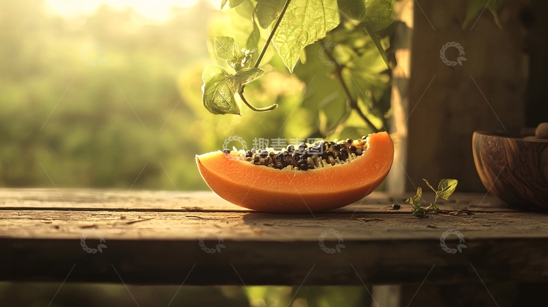高清大图下载【趣麦麦图】阳光下的木桌上的木瓜切片