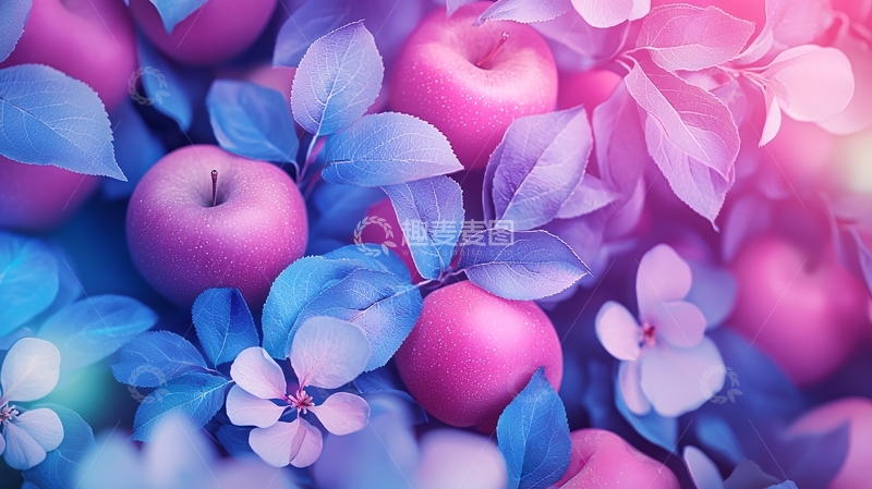 高清大图下载【趣麦麦图】梦幻色彩苹果与花朵背景