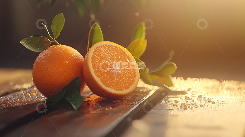 高清大图下载【趣麦麦图】阳光下的橙子与绿叶