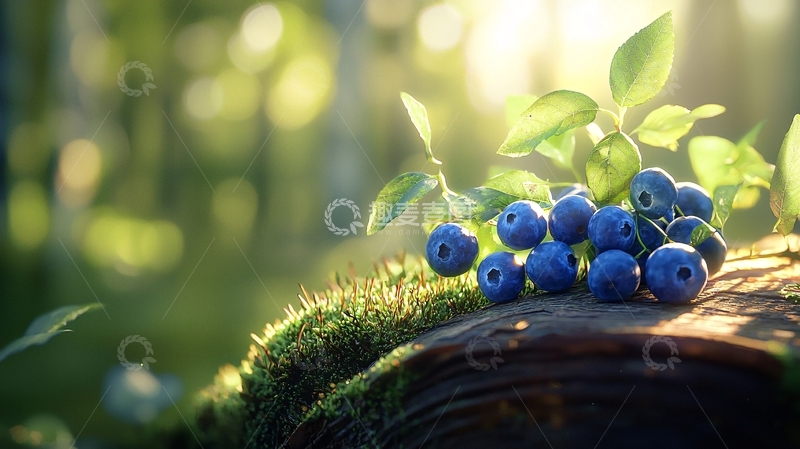 高清大图下载【趣麦麦图】阳光下的蓝莓与绿叶