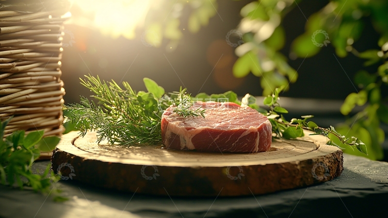 高清大图下载【趣麦麦图】户外阳光下的牛排与香草