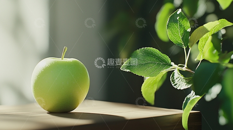 高清大图下载【趣麦麦图】阳光下的绿苹果与树叶