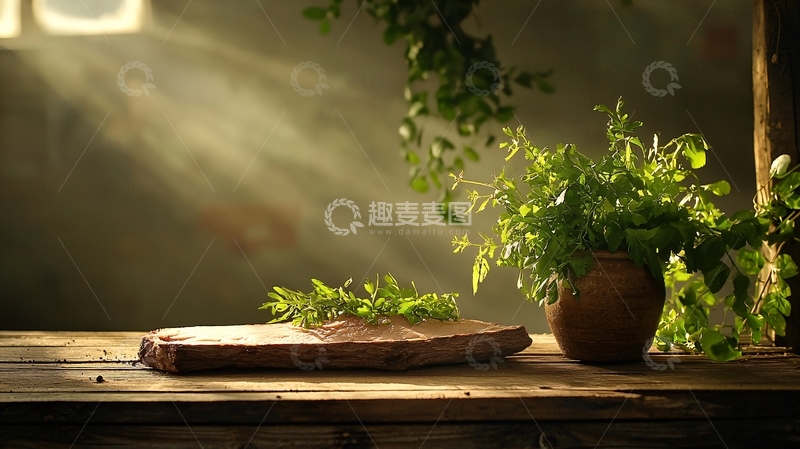 高清大图下载【趣麦麦图】-阳光下的绿色植物与木板