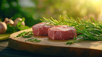 新鲜牛排与迷迭香的户外烹饪准备