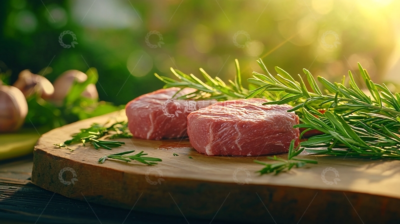 高清大图下载【趣麦麦图】新鲜牛排与迷迭香的户外烹饪准备