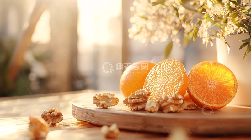 高清大图下载【趣麦麦图】阳光下的橙子与核桃