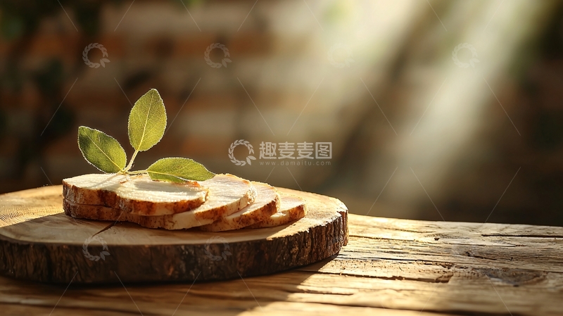 高清大图下载【趣麦麦图】阳光下的面包片与绿叶