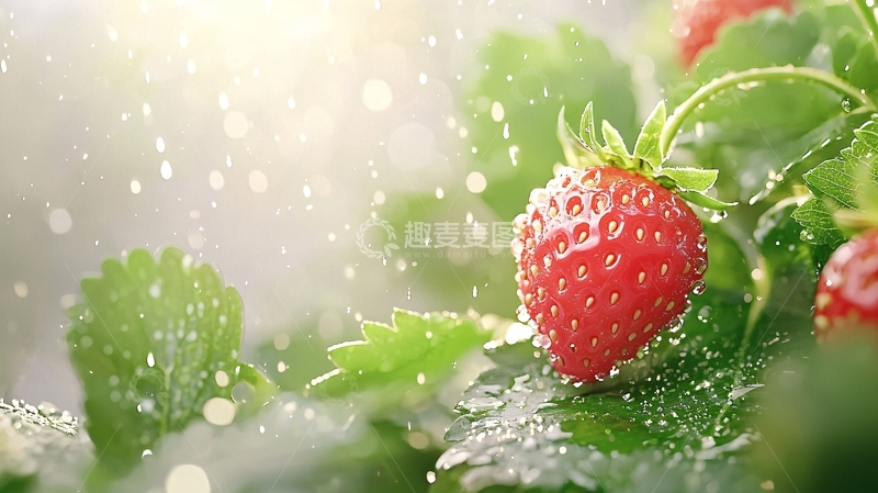 高清大图下载【趣麦麦图】阳光下的草莓与水滴