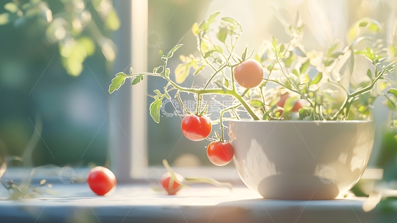 高清大图下载【趣麦麦图】室内阳光下的小番茄植物盆栽