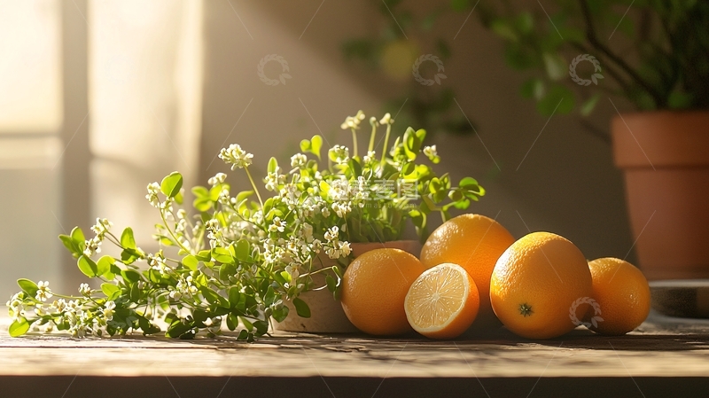高清大图下载【趣麦麦图】阳光下的橙子与绿植