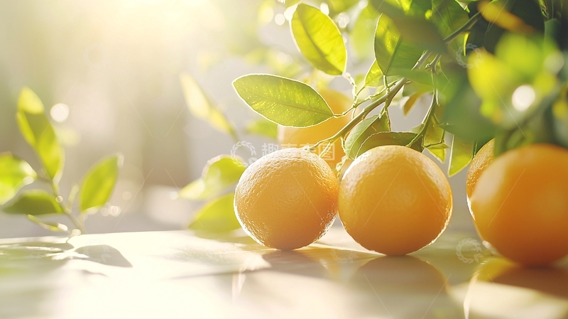 高清大图下载【趣麦麦图】阳光下的橘子与绿叶
