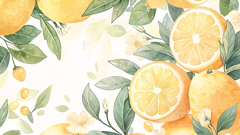 高清大图下载【趣麦麦图】柠檬与绿叶手绘插画背景