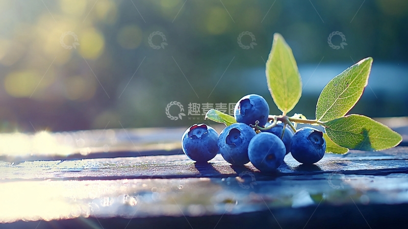 高清大图下载【趣麦麦图】阳光下的蓝莓与绿叶