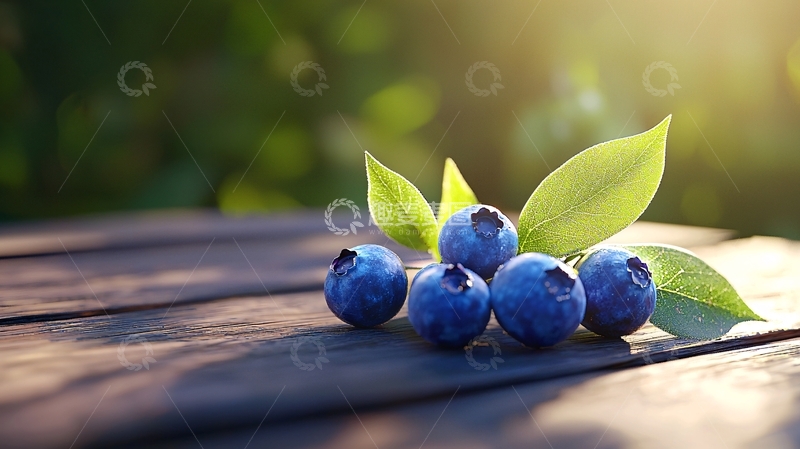 高清大图下载【趣麦麦图】夏日阳光下的蓝莓与绿叶