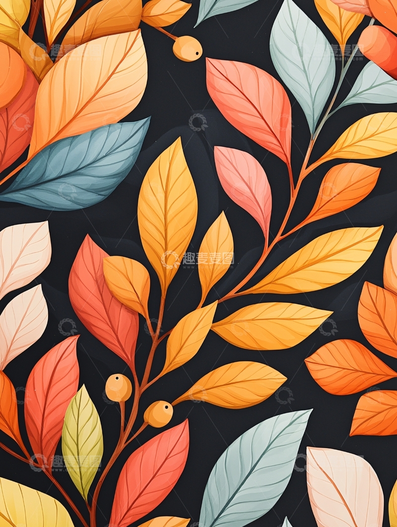 高清大图下载【趣麦麦图】秋叶果实插画背景素材