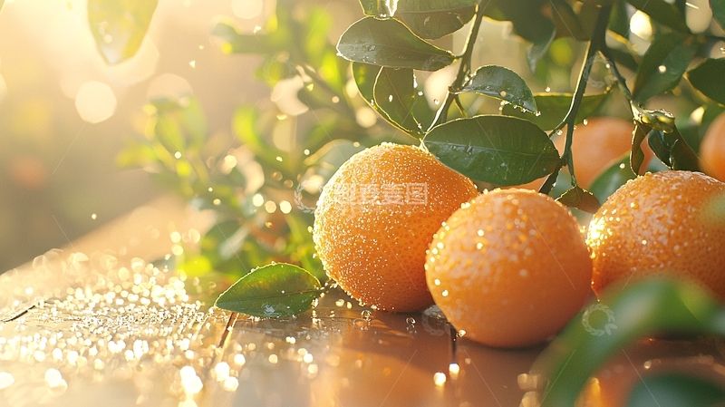 高清大图下载【趣麦麦图】阳光下的橘子与绿叶