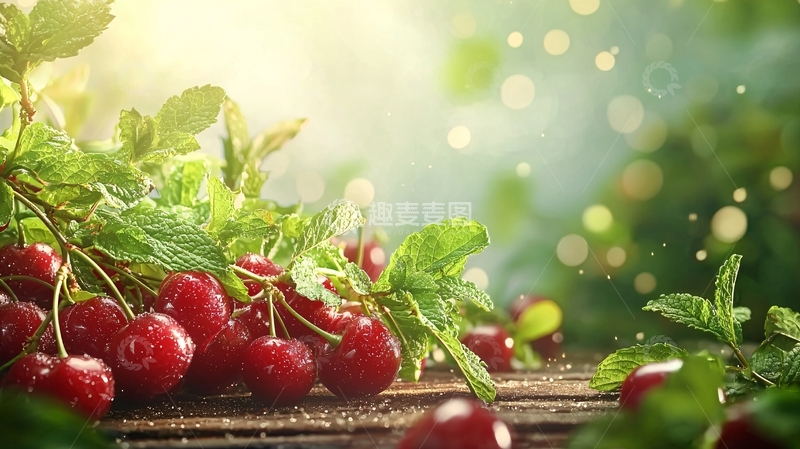 高清大图下载【趣麦麦图】夏日樱桃与薄荷叶