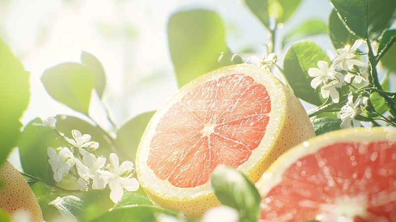 高清大图下载【趣麦麦图】阳光下的柚子切片与花朵