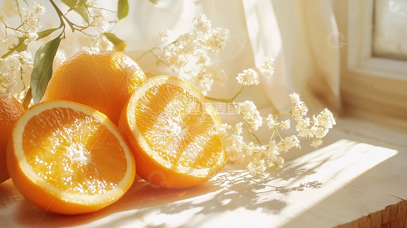 高清大图下载【趣麦麦图】阳光下的橙子与白花