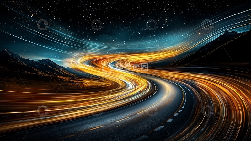 高清大图下载【趣麦麦图】夜晚山路上的光轨轨迹