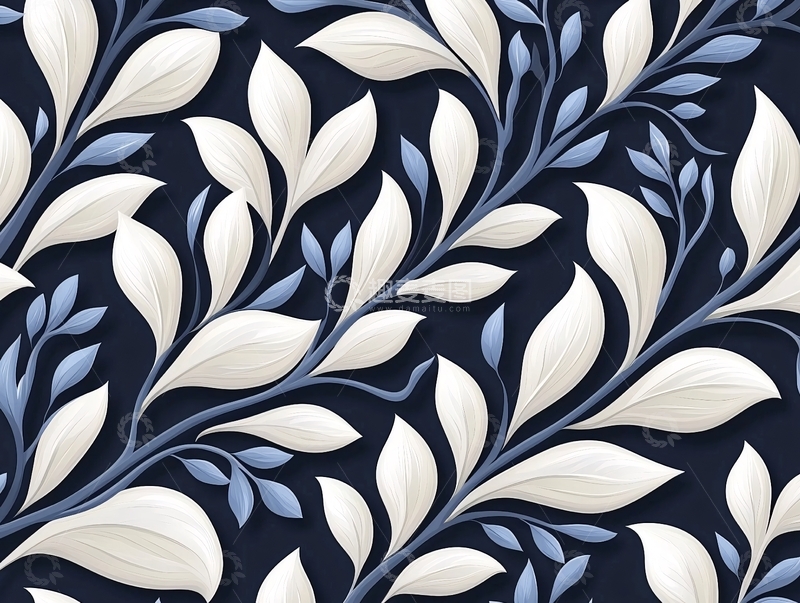 高清大图下载【趣麦麦图】深蓝背景白色叶子花纹图案