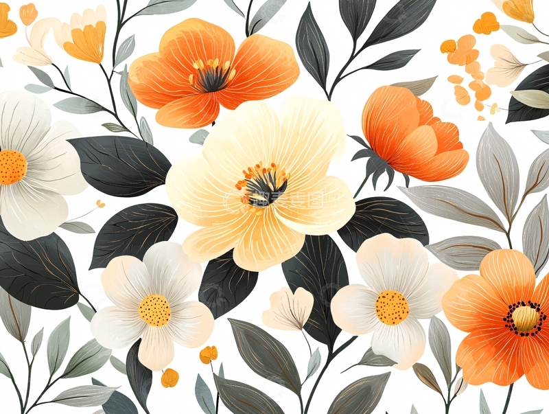 高清大图下载【趣麦麦图】橙白花卉图案背景素材