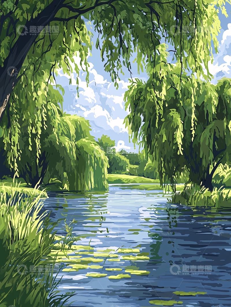 高清大图下载【趣麦麦图】柳树下的宁静小河