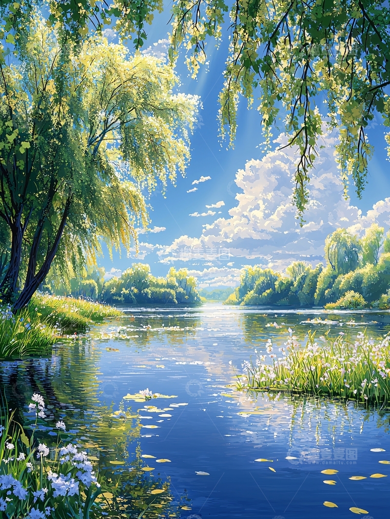 高清大图下载【趣麦麦图】春日河畔柳树风景