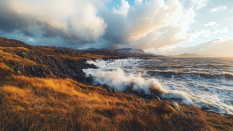 高清大图下载【趣麦麦图】海浪拍打岩石的海岸线