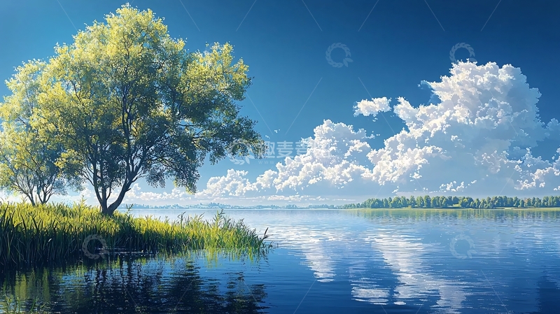 高清大图下载【趣麦麦图】夏日湖畔宁静风景