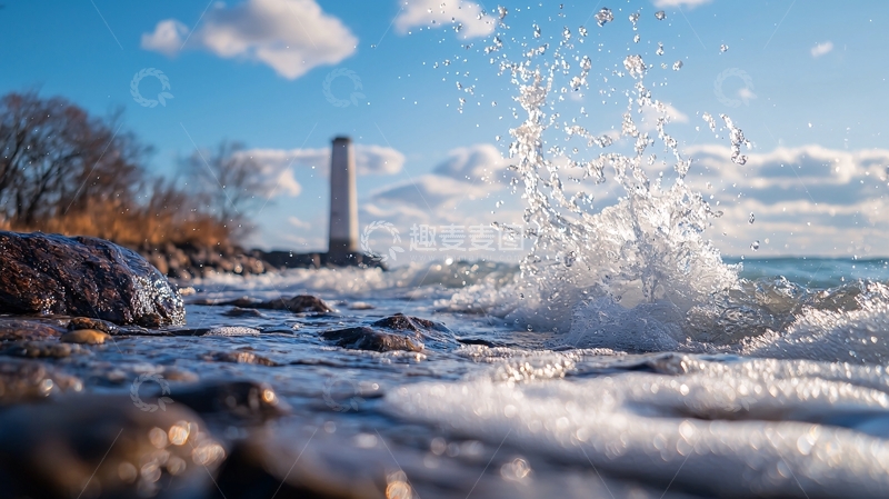 高清大图下载【趣麦麦图】海浪拍打岩石与灯塔