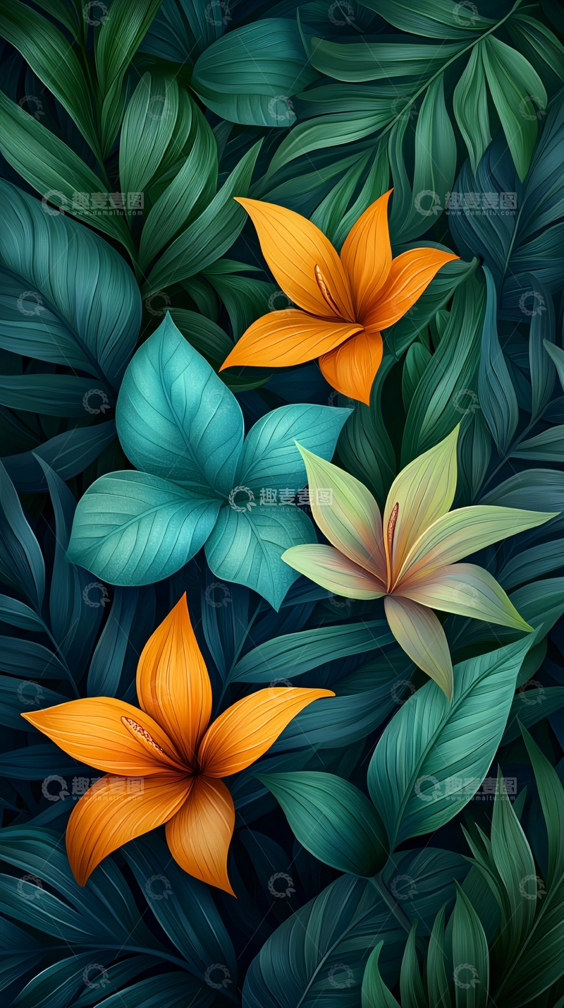 高清大图下载【趣麦麦图】热带花卉与深绿叶子背景
